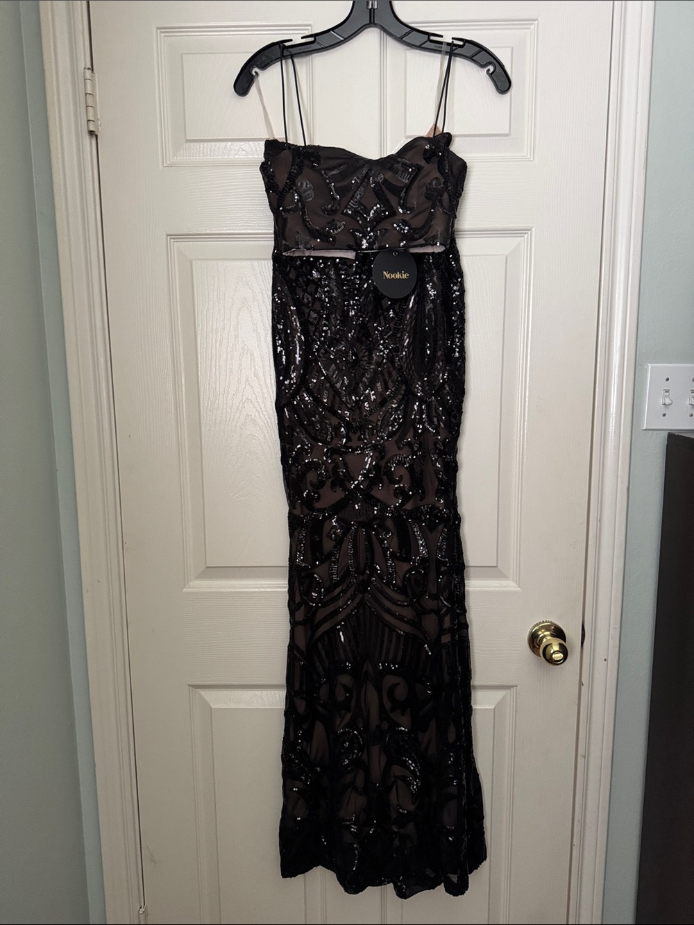 Nookie Black Sequin Strapless Beaded Gown